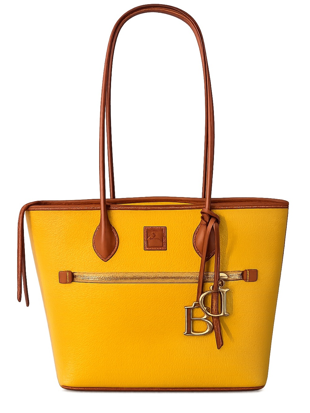 Dooney & Bourke Yellow Leather Tote with Brown Trim and DB Charm (Imitation) - Picture 2 of 6